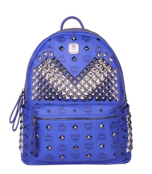 MCM Exclusive Full Studs Medium Backpack Electric Blue Leather