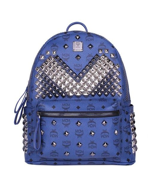 MCM Exclusive Full Studs Medium Backpack Sapphire Blue Leather