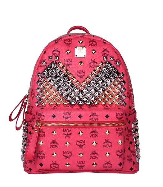 MCM Exclusive Full Studs Medium Backpack Watermelon Red Leather