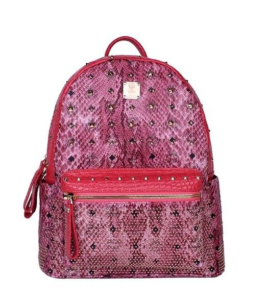 MCM Rivets Snakeskin Studded Leather Medium Backpack In Red