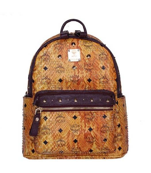 MCM Rivets Snakeskin Studded Leather Small Backpack In Red Golden