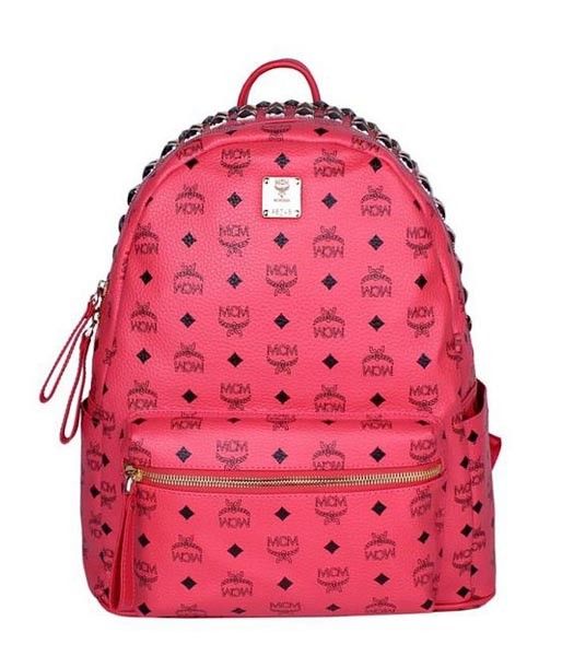 MCM Stark 3 Rows Studs Studded Medium Backpack Watermelon Red Leather