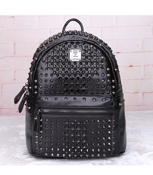 MCM Stark Special Crystal Studded Medium Backpack Black Leather