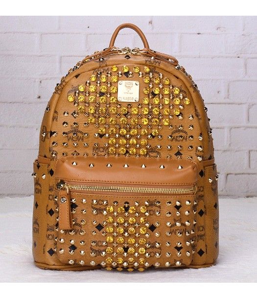 MCM Stark Special Crystal Studded Medium Backpack Earth Yellow Leather