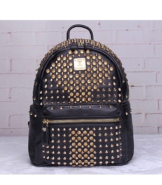 MCM Stark Special Crystal Studded Small Backpack Black Leather