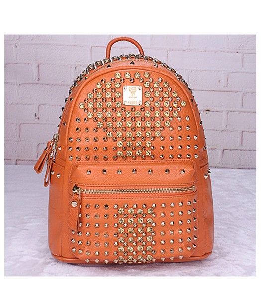 MCM Stark Special Crystal Studded Small Backpack Orange Leather