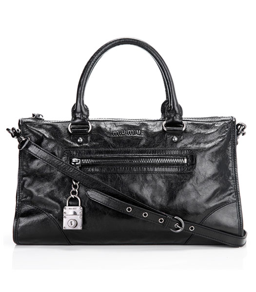 Miu Miu Black Imported Oil Wax Calfskin Leather Tote Bag