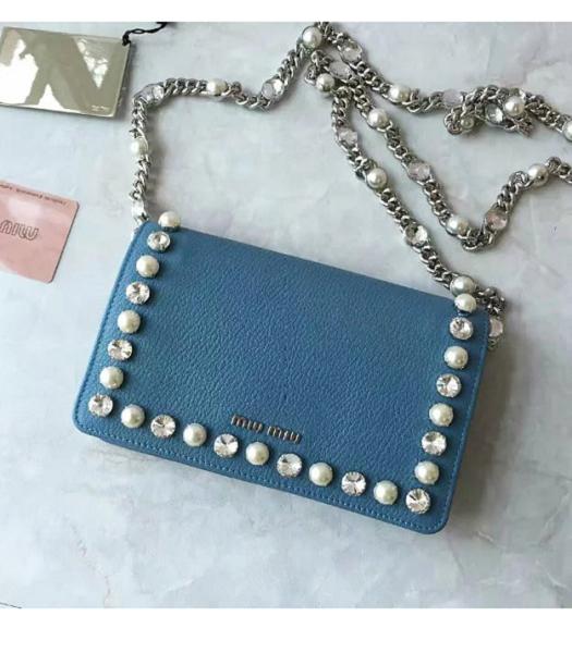 Miu Miu Blue Original Leather Pearls Chains Bag