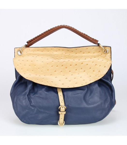 Miu Miu Blue Soft Leather with Apricot Ostrich Veins Tote Handbag