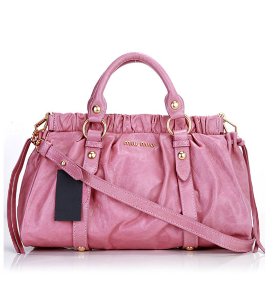 Miu Miu Bow Embellished Imported Oil Wax Calfskin Handbag Pink