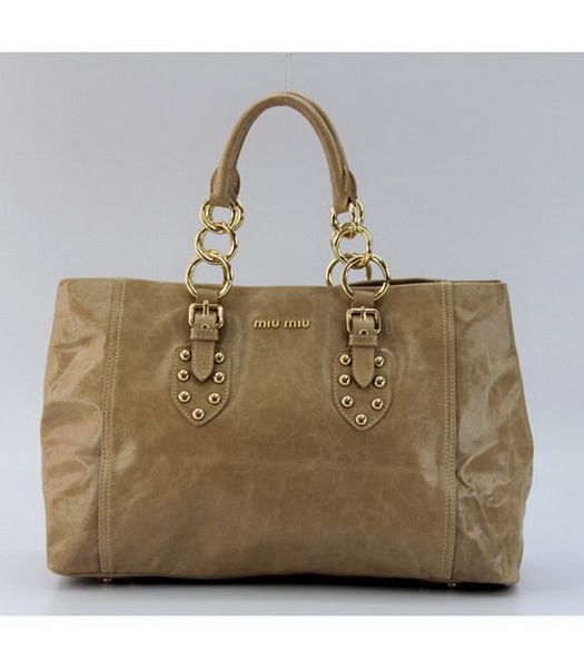 Miu Miu Chain Link Shiny Leather Shopper Tote Bag in Apricot