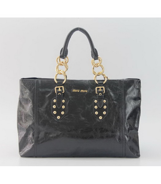 Miu Miu Chain Link Shiny Leather Shopper Tote Bag in Black