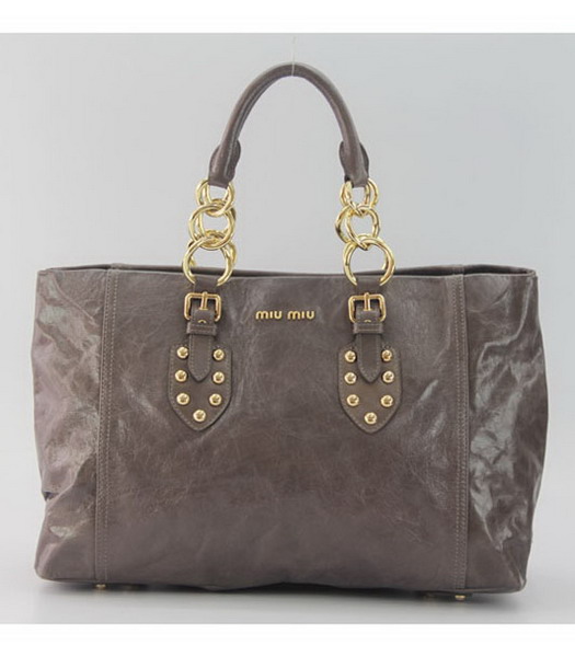 Miu Miu Chain Link Shiny Leather Shopper Tote Bag in Dark Grey