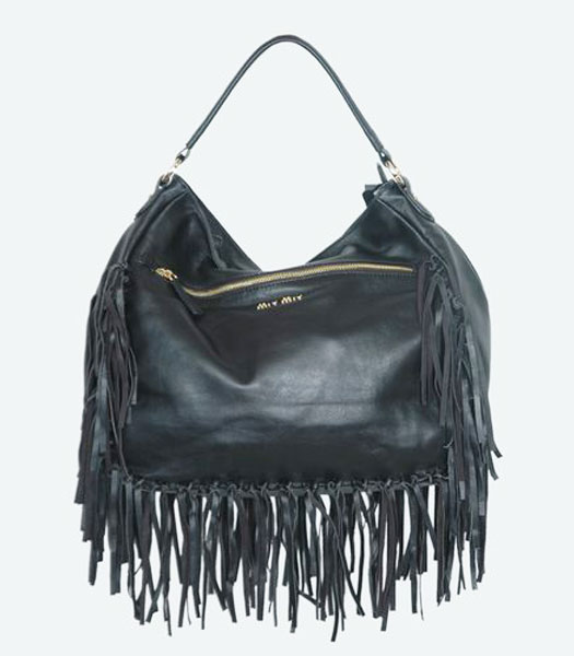Miu Miu Fringed Trim Leather Hobo Bag Black