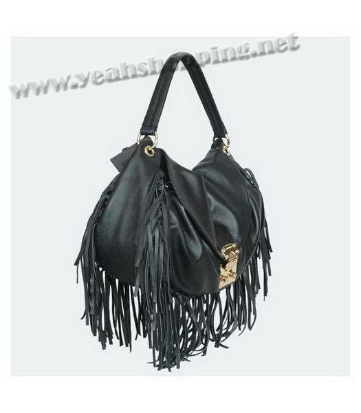 Miu Miu Fringed Trim Leather Hobo Bag Black-1