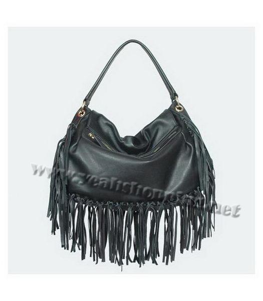 Miu Miu Fringed Trim Leather Hobo Bag Black-2