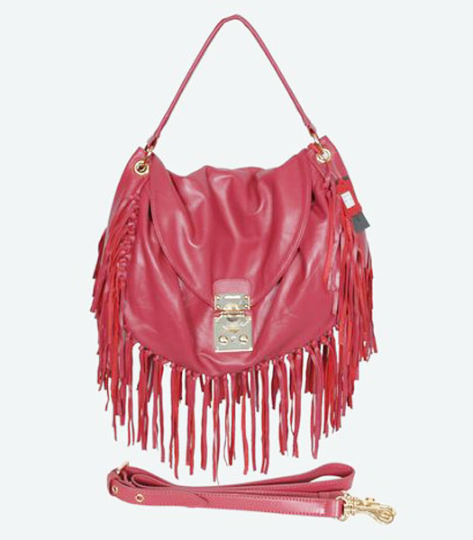 Miu Miu Fringed Trim Leather Hobo Bag Red