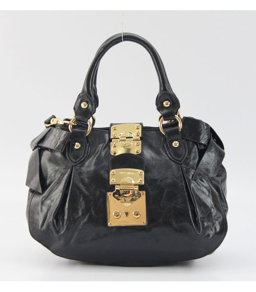 Miu Miu Horse Oil Leather Shoulder Tote Bag in Black