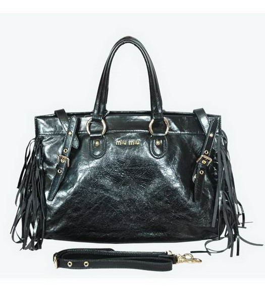 Miu Miu Large Shiny Leather Tote Tassel Bag Black
