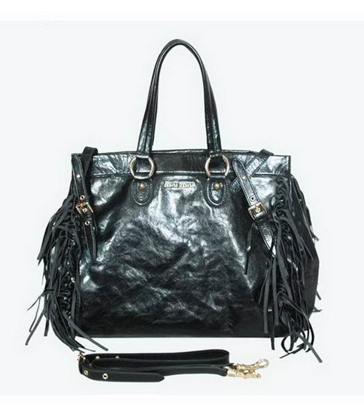Miu Miu Medium Shiny Leather Tote Tassel Bag Black