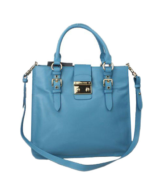 Miu Miu Medium Sky Blue Calfskin Leather Tote Shoulder Bag