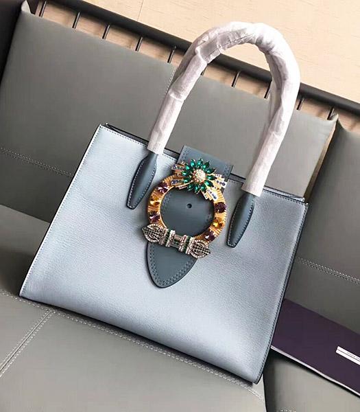 Miu Miu Original Leather Rhinestone Decorative Handle Bag Light Blue