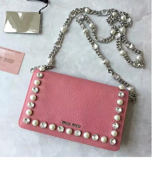 Miu Miu Pink Original Leather Pearls Chains Bag