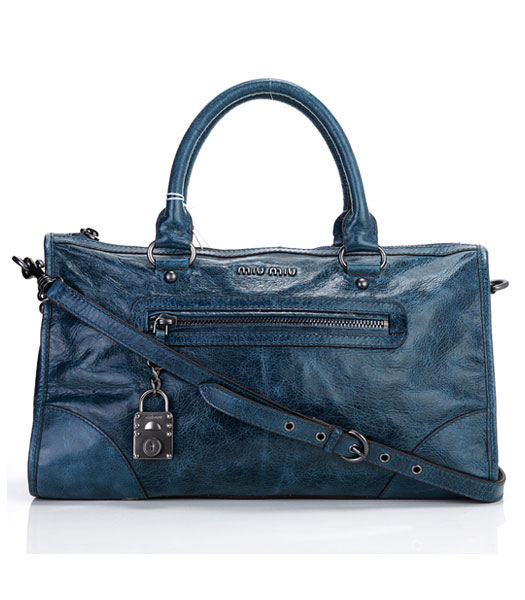 Miu Miu Sapphire Blue Imported Oil Wax Calfskin Leather Tote Bag