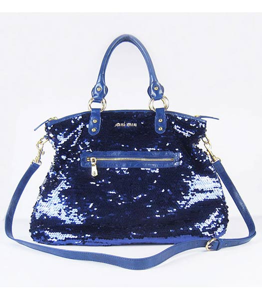 Miu Miu Sequined Lambskin Leather Tote Bag Blue