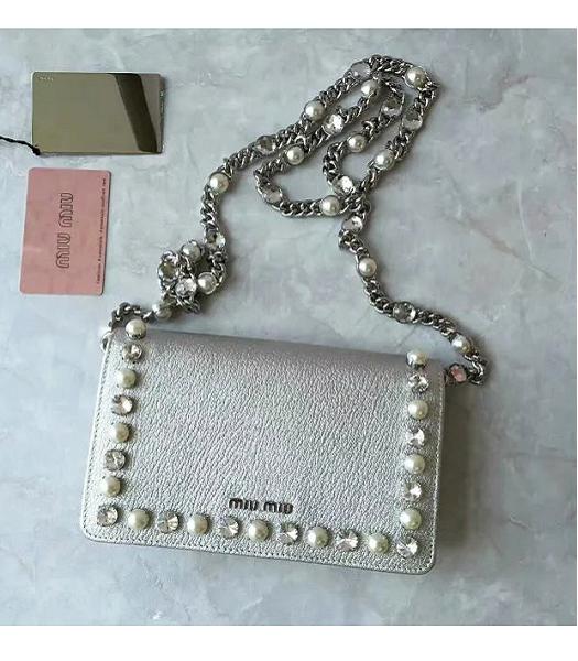 Miu Miu Silver Original Leather Pearls Chains Bag