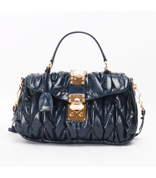 Miu Miu Small Tote Handbags Dark Blue Oil Leather