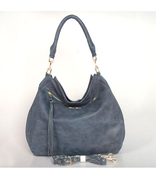 Miu Miu Suede Bucket Shoulder Bag Blue Oil Leather