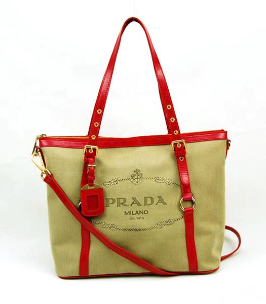 Prada Apricot Canvas Bag with Red Leather Trim