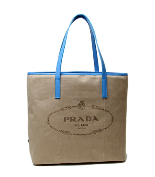 Prada Apricot Canvas With Blue Leather Shopping Bag