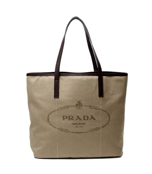 Prada Apricot Canvas With Dark Coffee Leather Shopping Bag