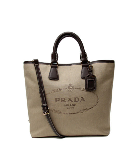 Prada Apricot Canvas With Dark Coffee Leather Tote Bag