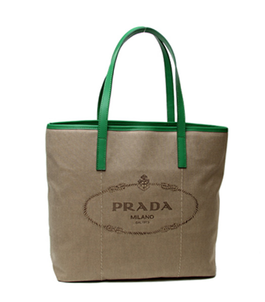 Prada Apricot Canvas With Green Leather Shopping Bag