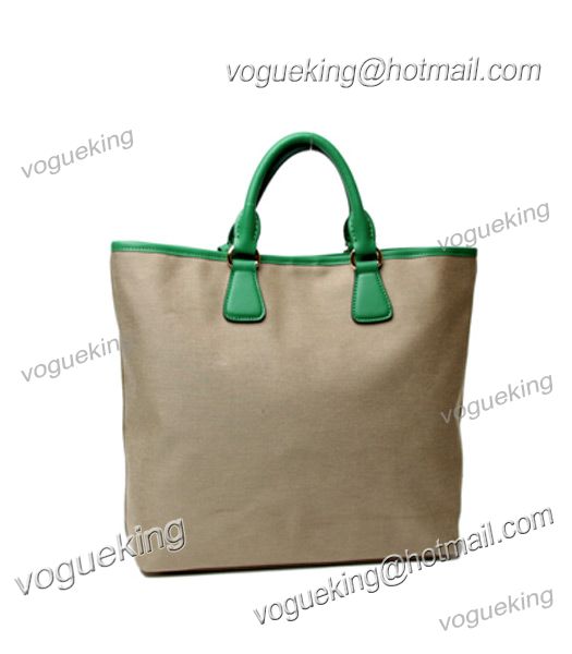 Prada Apricot Canvas With Green Leather Tote Bag-1