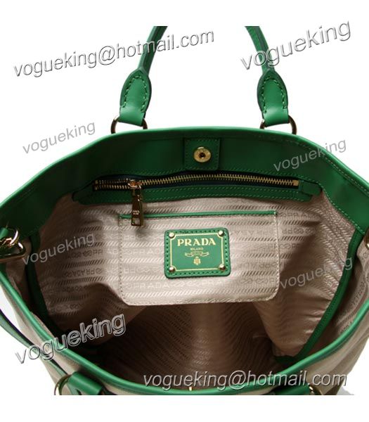 Prada Apricot Canvas With Green Leather Tote Bag-5