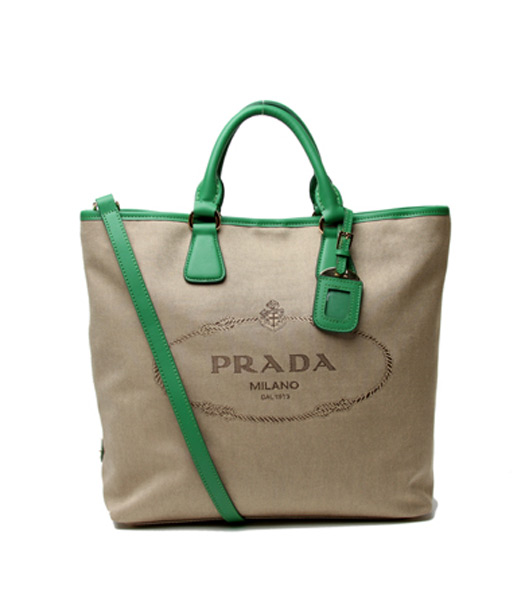 Prada Apricot Canvas With Green Leather Tote Bag