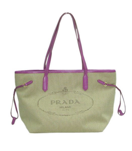 Prada Apricot Canvas with Purple Leather Tote Bag