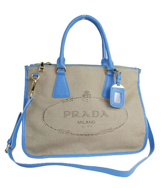 Prada Apricot Fabric With Blue Leather Medium Tote Handbag