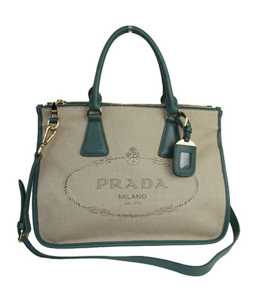 Prada Apricot Fabric With Green Leather Medium Tote Handbag