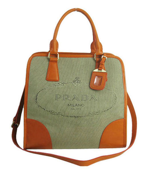 Prada Apricot Fabric With Orange Leather Small Tote Handbag