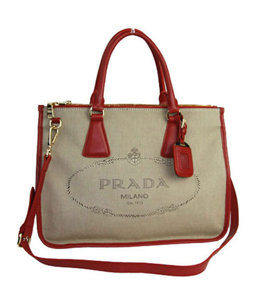 Prada Apricot Fabric With Red Leather Medium Tote Handbag