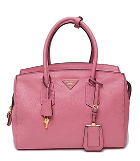 Prada Begonia Pink Original Calfskin Leather Tote Bag With 24K Metal