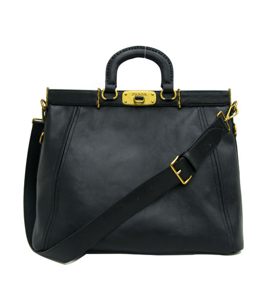 Prada Black Calfskin Leather Tote Messenger Bag