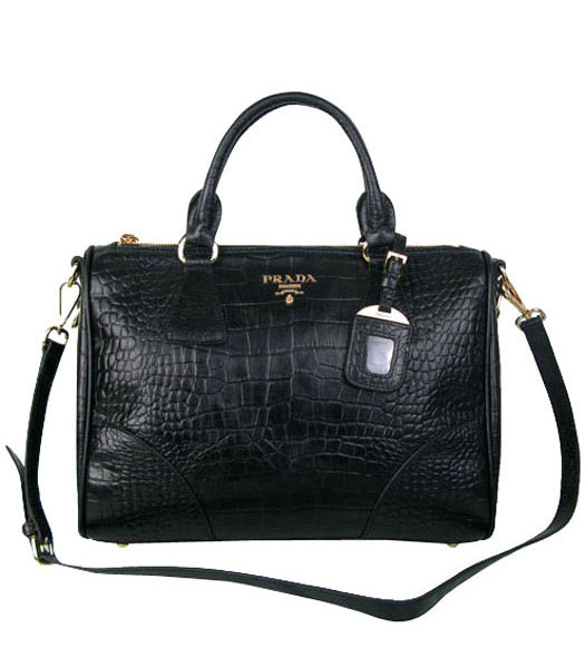 Prada Black Croc Veins Leather Tote Handbag