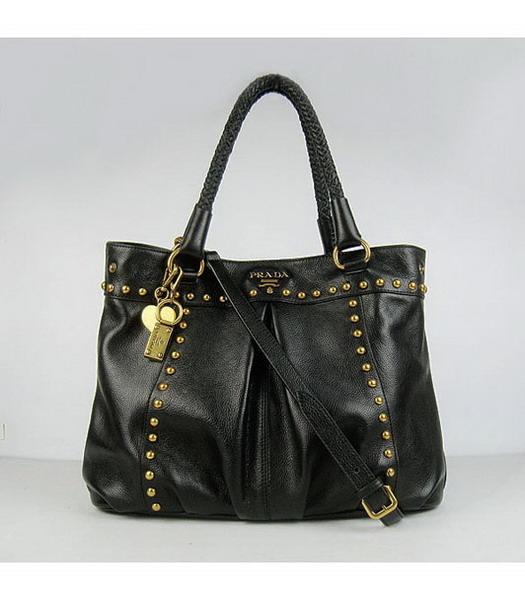 Prada Black Leather Handbags Braided Handles Studs