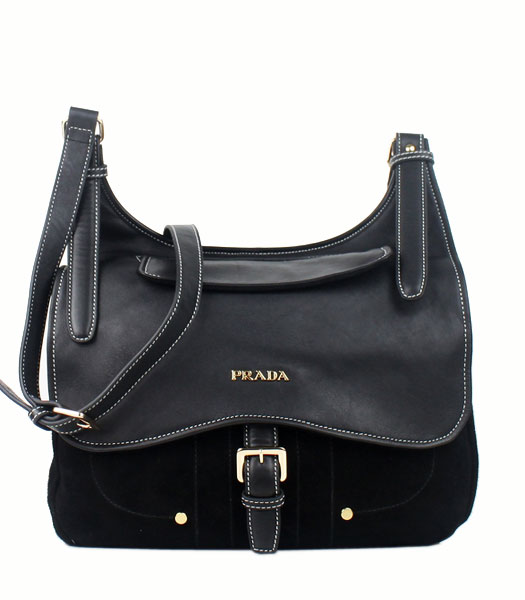 Prada Black Suede And Napa Leather Shoulder Bag